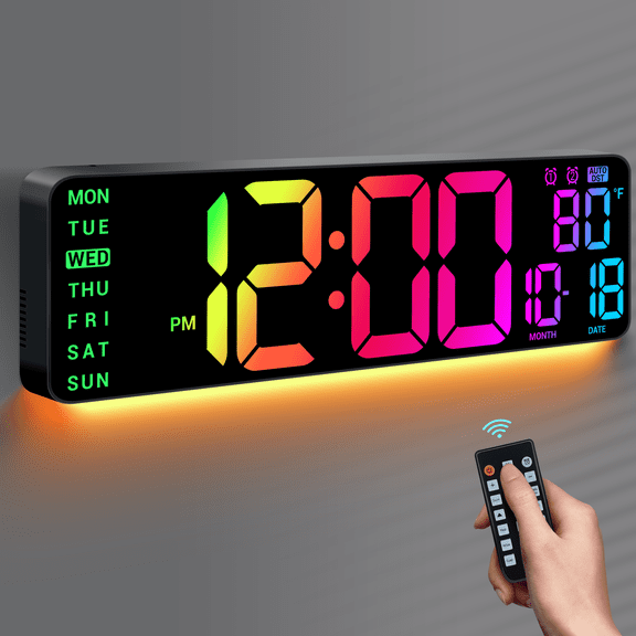 16.5" Large Digital Wall Mount Clock: RGB Lights with 11 Scenes Mode Remote Control, Dual Alarms with Big LED Display, Auto DST, Temperature for Classroom Gaming - House Warming Gifts, Black