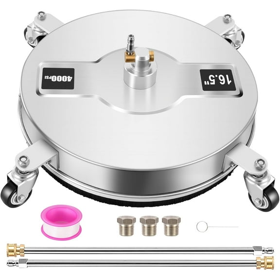 16.5" MAX 4000PSI 4GPM Pressure Washer Surface Cleaner Stainless Steel Surface with 2 * 15" Extension Wand & 4 Universal Wheels & 3 Nozzles,for Driveways Deck Yard Patios