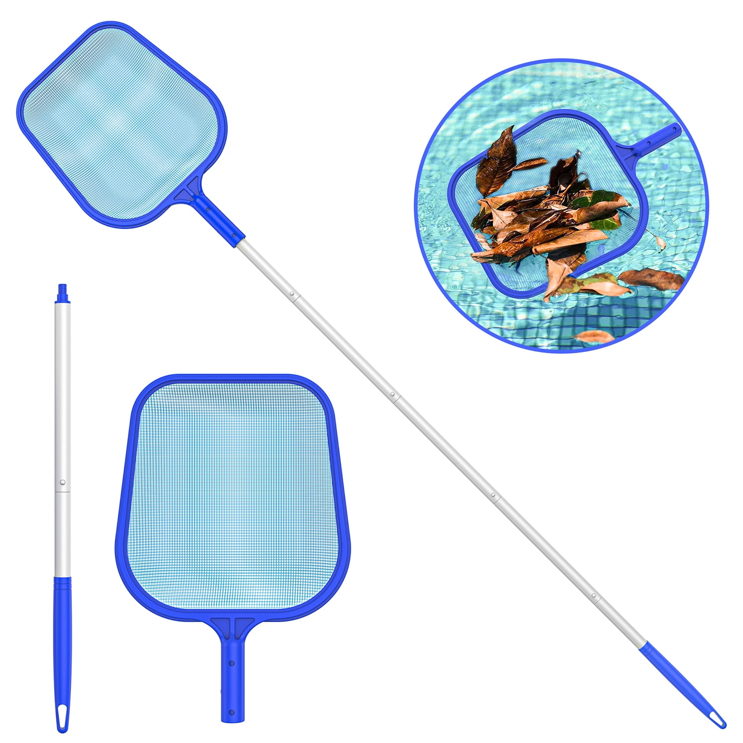 16.5" Pool Leaf Skimmer Net with Adjustable Aluminum Poles 5 Sections 6" Deep Ultra Fine Mesh Netting Basket, Total Length 65 inches, Leaf Rake Net for Above Ground Pool, Spa & Hot Tub