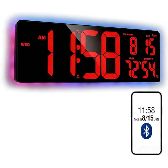 16.5"  Red Large LED Digital Wall Clock, Count Up/Down Timer Clock with Ambient Lighting, Adjustable Brightness Wall Clock for , Office, Gym, , Auto DST