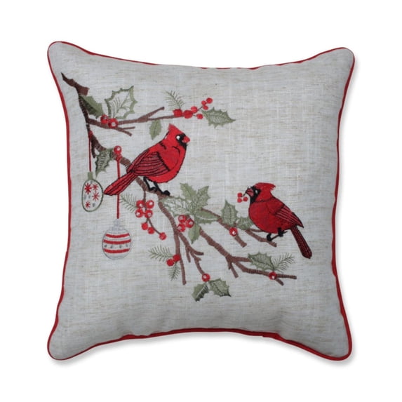 16.5" Red and Green Embroidered Christmas Cardinal Square Throw Pillow