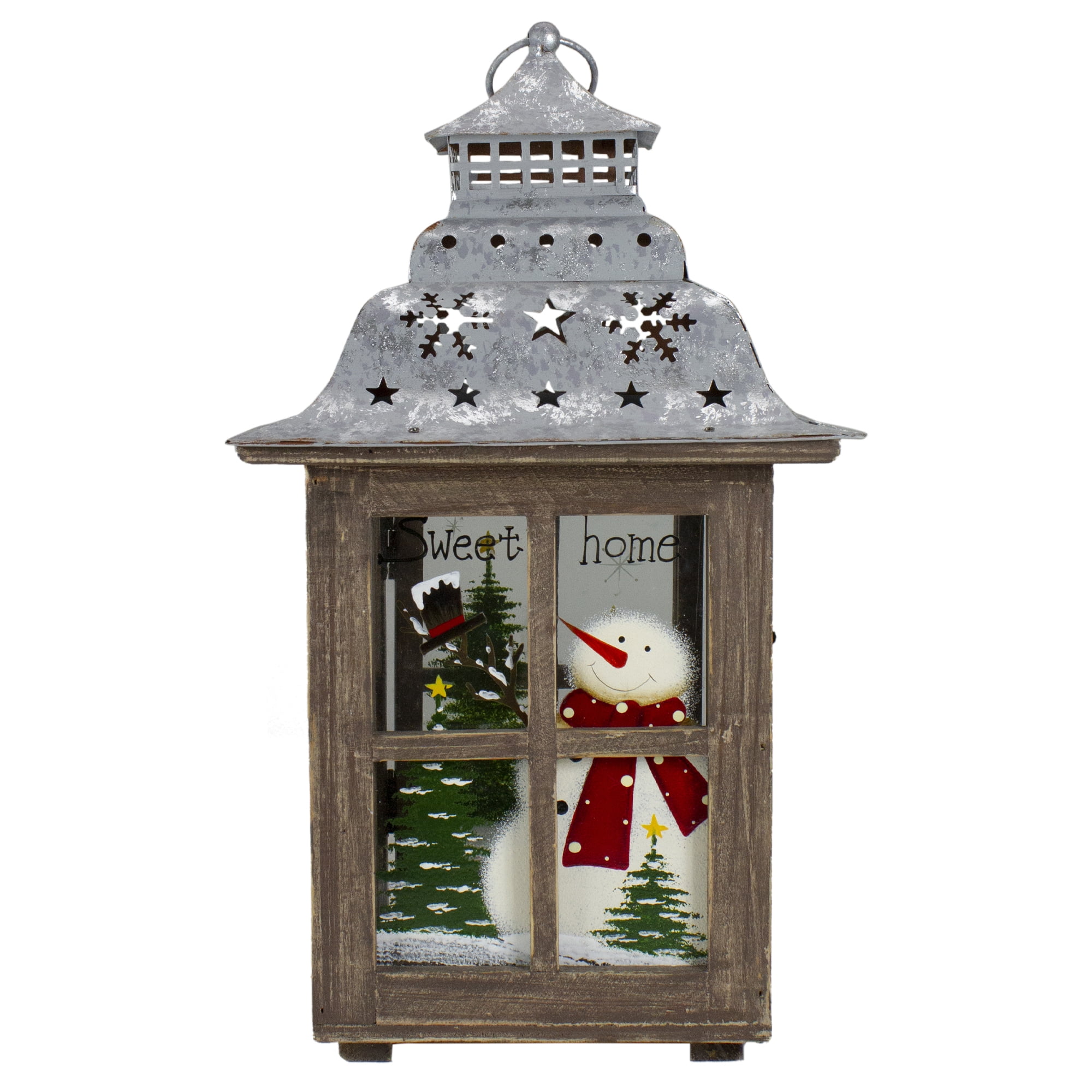 Rustic Wooden Snowman Christmas Lantern with Silver Roof, 16.5"