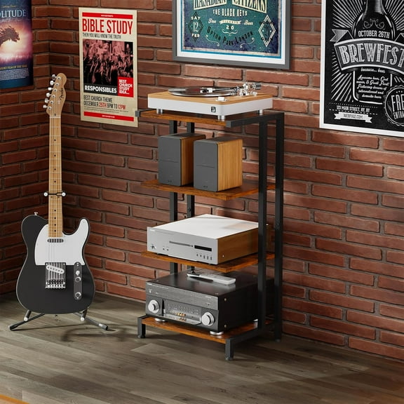 16.5" Small 4-Tier AV Media Stand,Narrow Version Wooden Corner Shelves Stereo Cabinet Audio Rack Stand Tower Perfect for Small DVD Players Game Console TV Box Cable Box WiFi Router