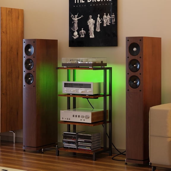 16.5" Small 4-Tier AV Media Stand with Power Strips,Narrow Version Wooden Corner TV Stand Shelf with LED Lights,Stereo Cabinet Audio Rack Stand Tower for Small Media Players and Boxes