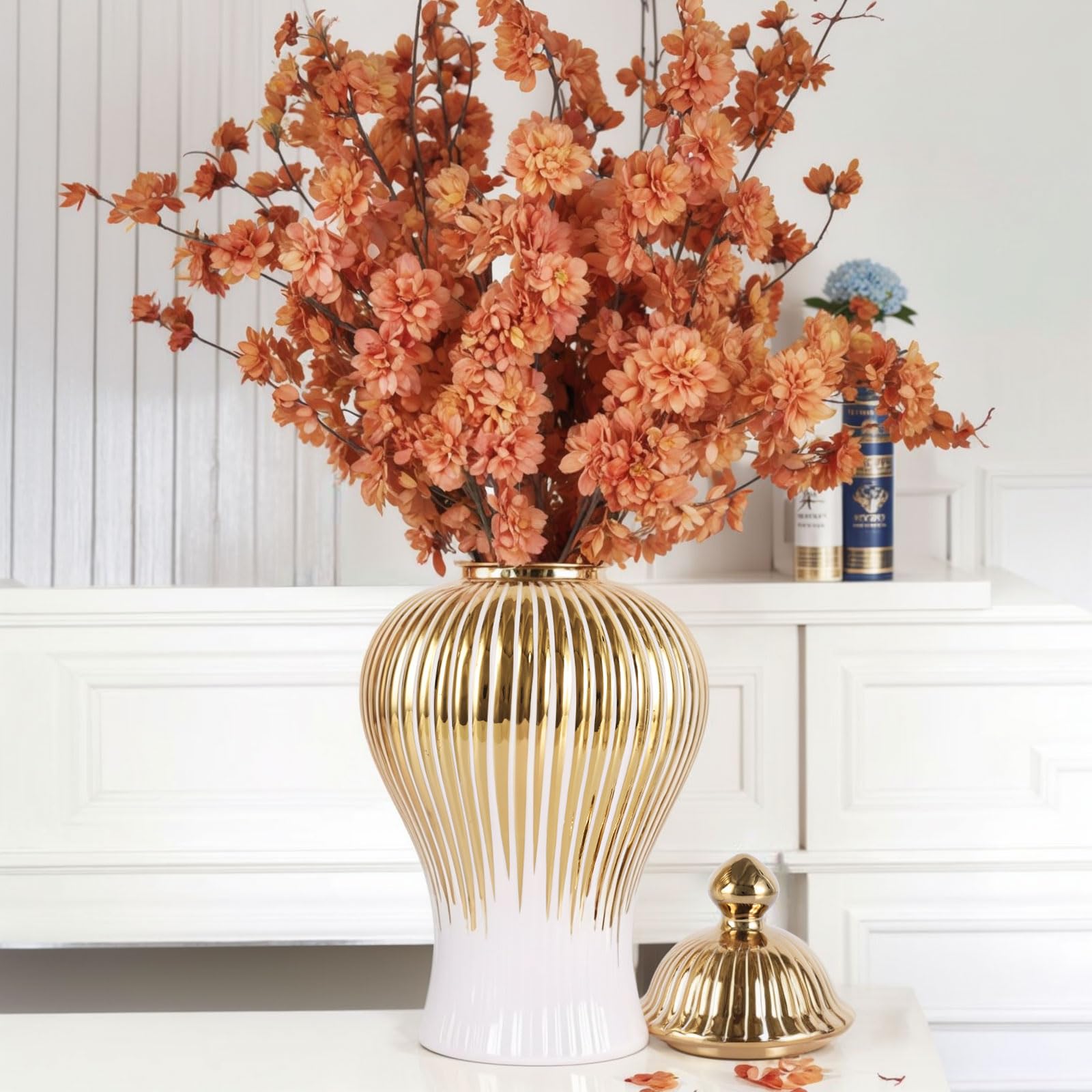 White & Gold Ginger Jar Vase – 18 Inch Ceramic With Lid, Vintage Home Decor Centerpiece