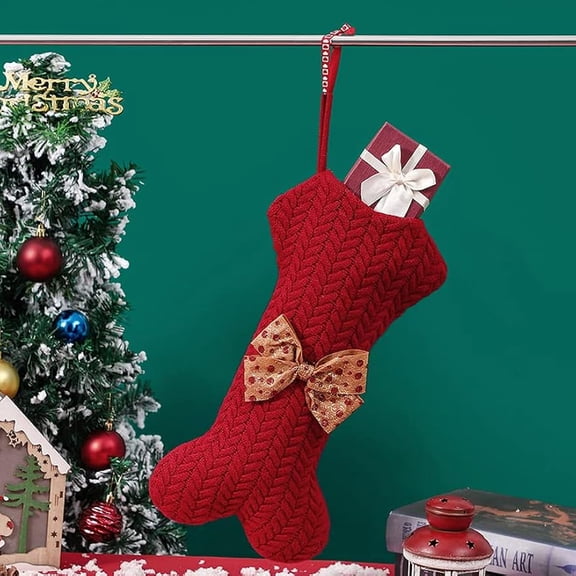 16.5" Wool Knitted Bone Shaped Christmas Stocking, Knit Dog Puppy Christmas Stockings for Christmas Holiday Hanging Decoration
