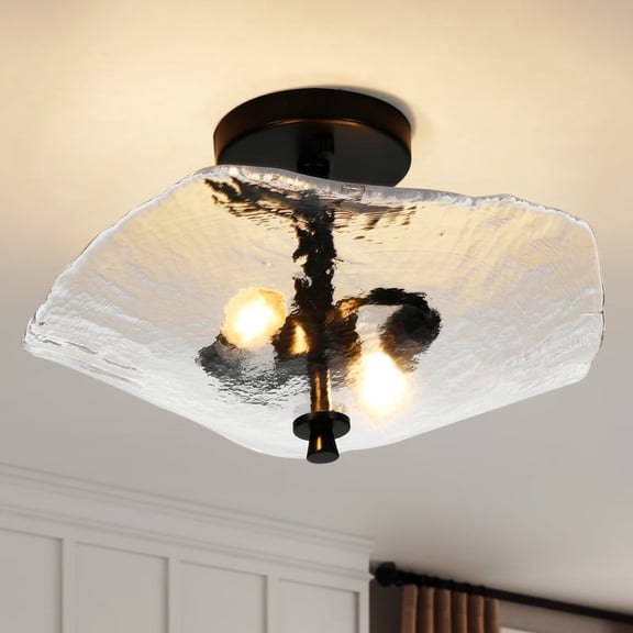 16.5 in. 2-lights Black Flush Mount Ceiling Light Fixtures with Water Ripple Glass Shade
