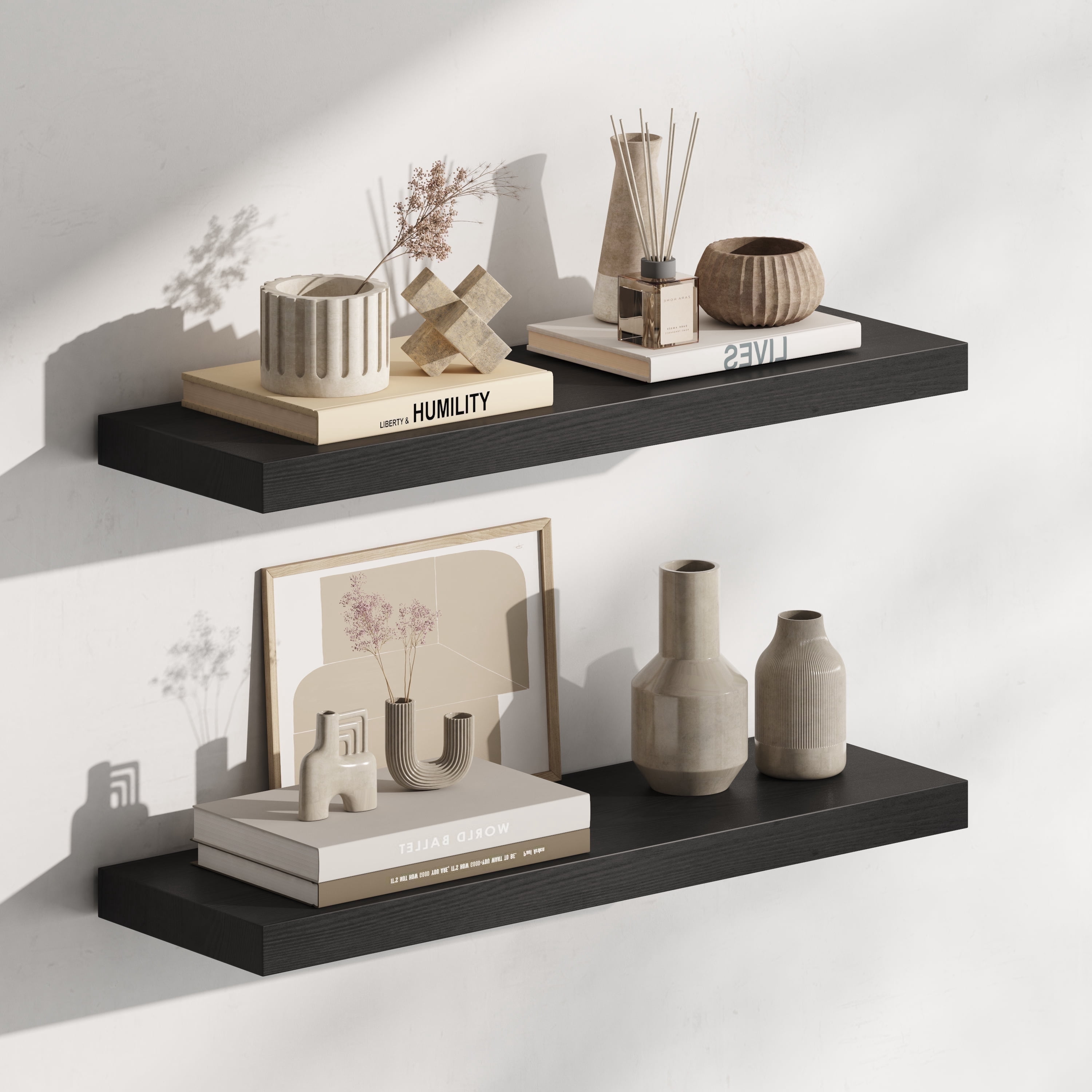 16.5 in Solid Wood Floating Shelves Wall Mounted Shelves, Black Color, Set of 2 - Walmart.com