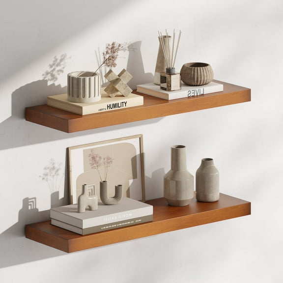 16.5 in Solid Wood Floating Shelves Wall Mounted Shelves, Distressed Walnut Color, Set of 2