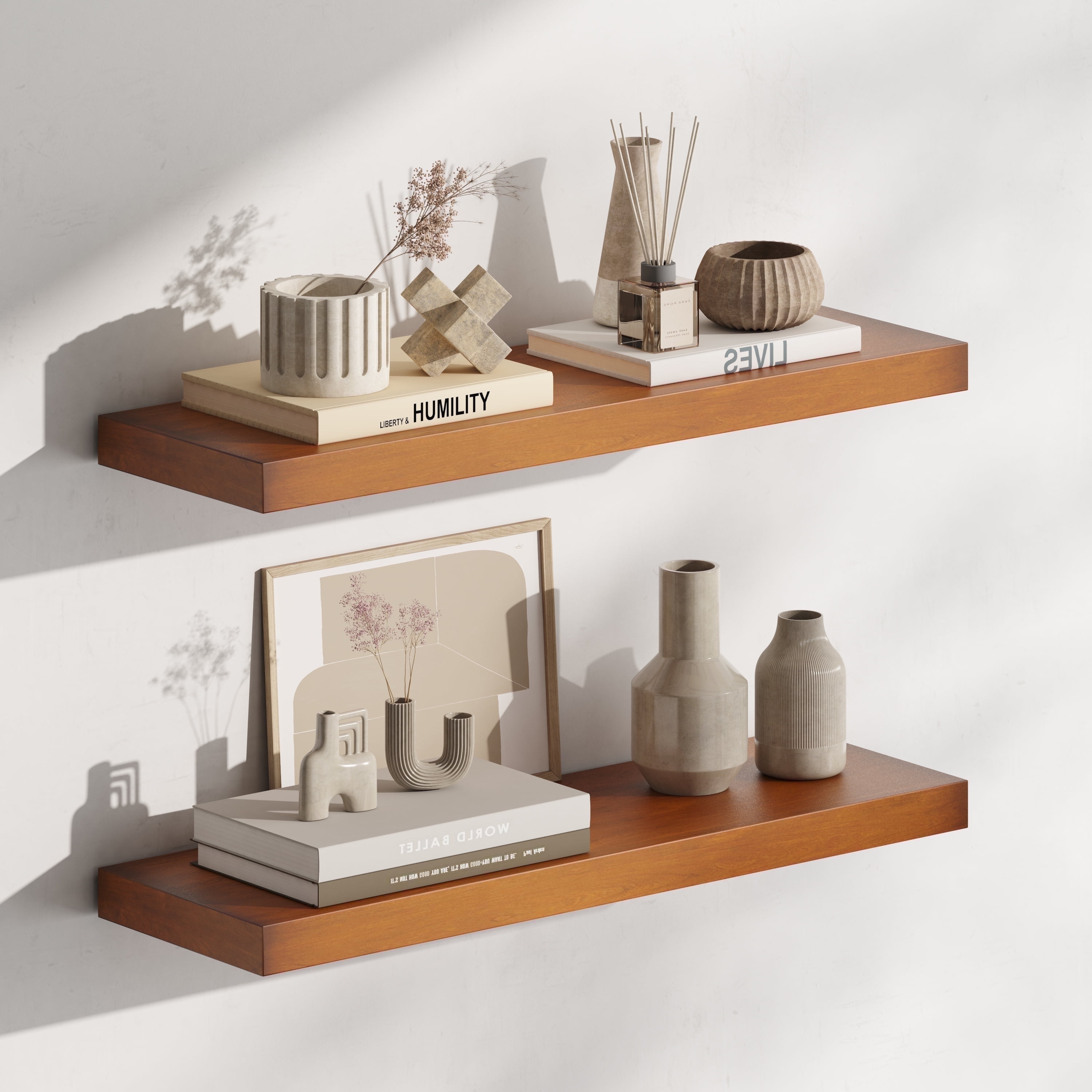 16.5 in Solid Wood Floating Shelves Wall Mounted Shelves, Honey Brown Color, Set of 2