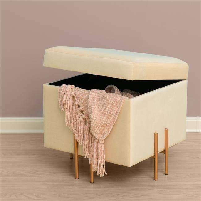 Ivory Velvet Storage Ottoman with Rose Gold Legs