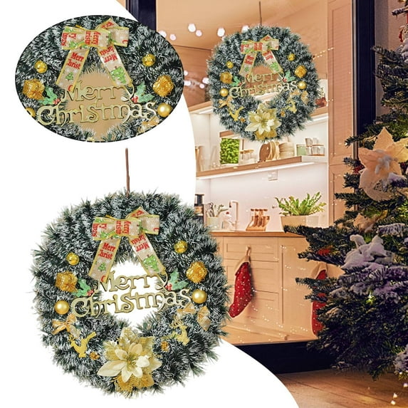 16.53 Inch Christmas Wreath with Gold Accents, "Merry Christmas" Sign & Festive Bow - Front Door & Indoor Holiday Decor