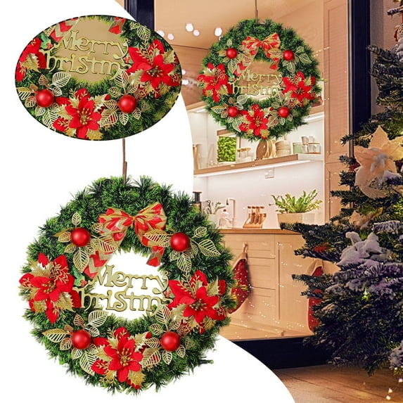 16.53 Inch Christmas Wreath with Red Berries, Poinsettias & "Merry Christmas" Sign - Front Door & Indoor/Outdoor Holiday Decor