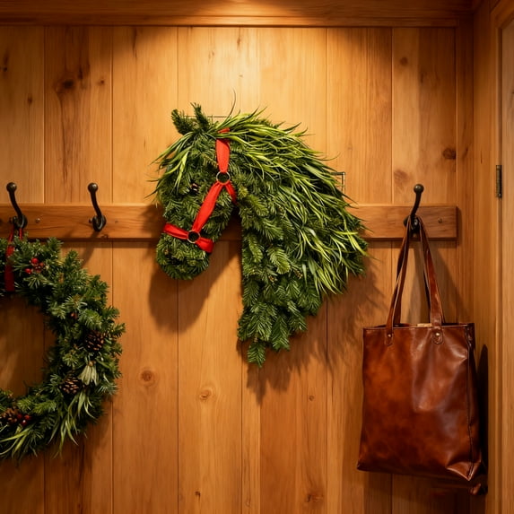 16.53"x12.99" Horse Head Wreath, Equestrian Door Decor, Handmade Horse Wreath for Front Door, Artificial Greenery with Red Bow, All-Season Equestrian Home Accent, Year-Round Equestrian Gift