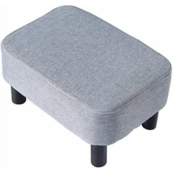16.54" Small Footstool Linen Fabric Pouf Ottoman Footrest Modern Home Bedroom Rectangular Stool, with Padded Seat Pine Wood Legs, Gray Blue RF-BD214-D