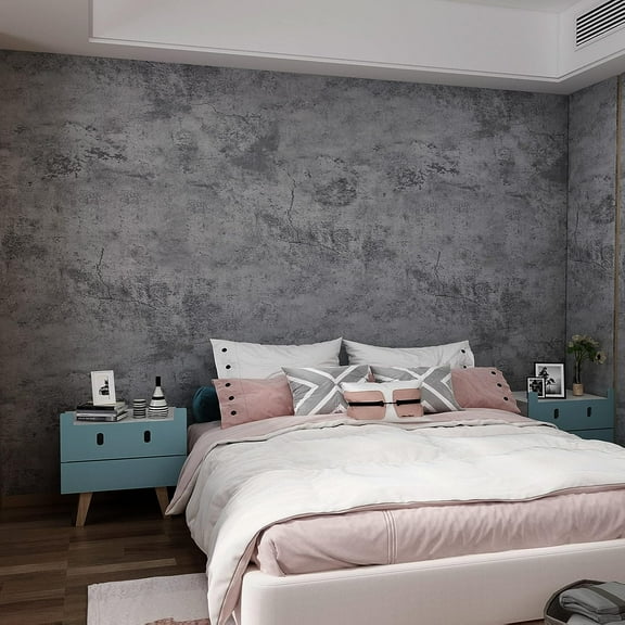 16"×591" Large Size Extra Thick Grey Blue Concrete Wallpaper Peel and Stick Industrial Dark Blue Gray Cracked Concrete Contact Paper Vinyl Grey Cement Sticker for Bedroom Bathroom Gym Walls