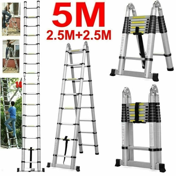 16.5FT(2.5M+2.5M) Extension Telescopic Ladder 16 Feet Multi-Purpose Aluminum Portable Ladder 330lb Loading EN131 Certified