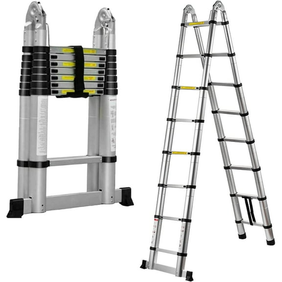 16.5FT/5M Aluminum Telescoping Extension Ladder 2-in-1 Folding A-Frame or Straight Ladder with Hinges Stabilizer Bar Safety Lock Easy to Store for Home Apartment Office Shed Warehouse 330lb Max Load