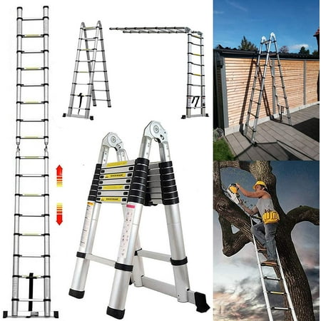 16.5FT Aluminum Telescoping Extension Ladder 330lbs Max Capacity Lightweight Portable Multi-Purpose Folding with Support Bar Anti-Slip EN131 Certificated
