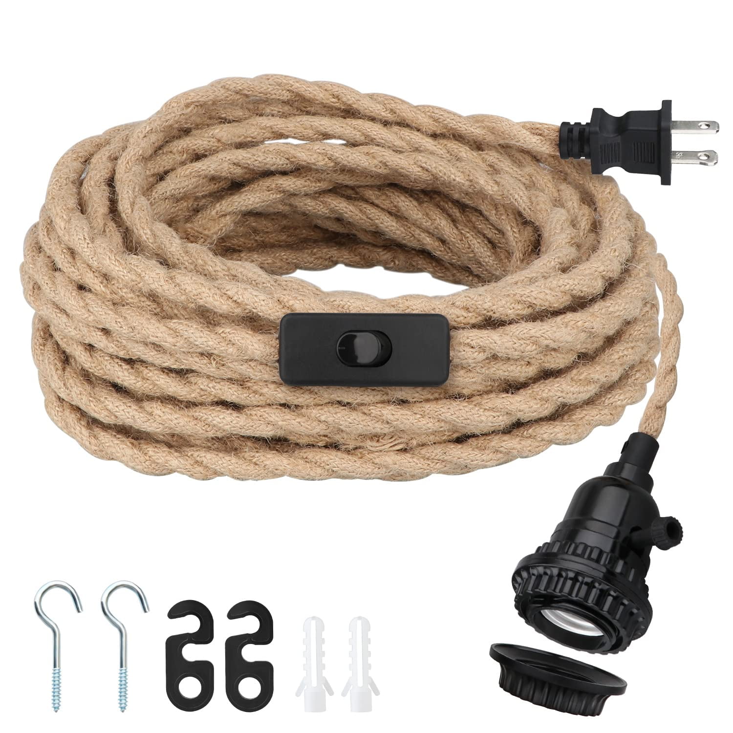 16.5FT Pendant Light Kit, Hanging Lights with Plug in Cord & Switch, Hemp Rope Swag E26 Socket Pendant Lamp, Extension Lantern Cable Vintage Farmhouse Industrial Retro DIY Decoration Fixtures