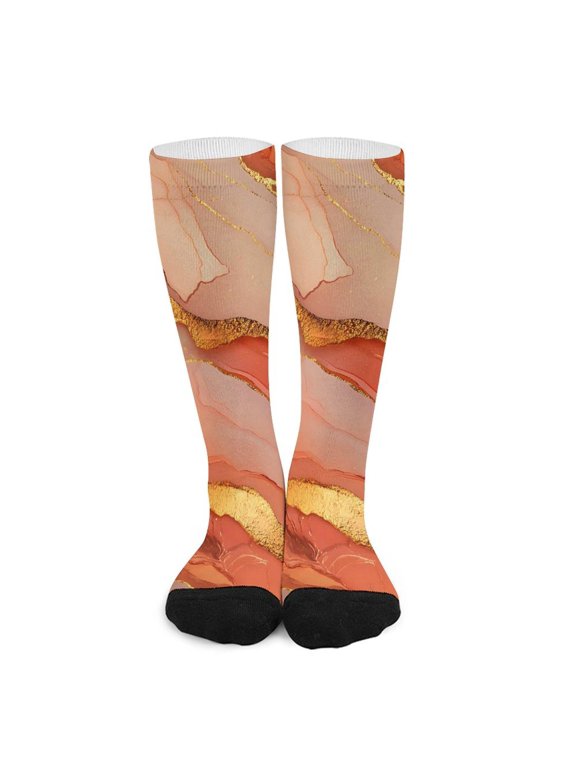16.5in All Printed Stockings Sweat Absorption Perspiration Permeability Light Resistant Ply Moderate Comfortable Light Orange And Red Gold Marble