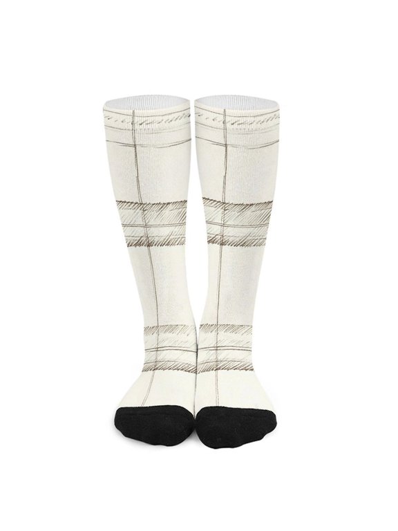 16.5in All Printed Stockings Sweat Absorption Perspiration Permeability Light Resistant Ply Moderate Comfortable Light Ivory Checked Hand-drawn Sketch_4