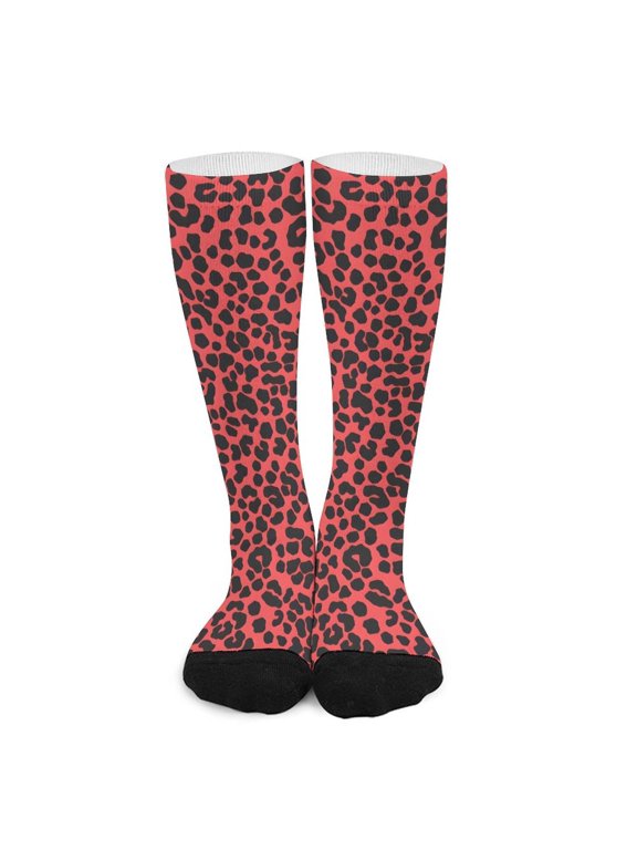 16.5in All Printed Stockings Sweat Absorption Perspiration Permeability Light Resistant Ply Moderate Comfortable Light Leopard Print Pattern Red And Black_1