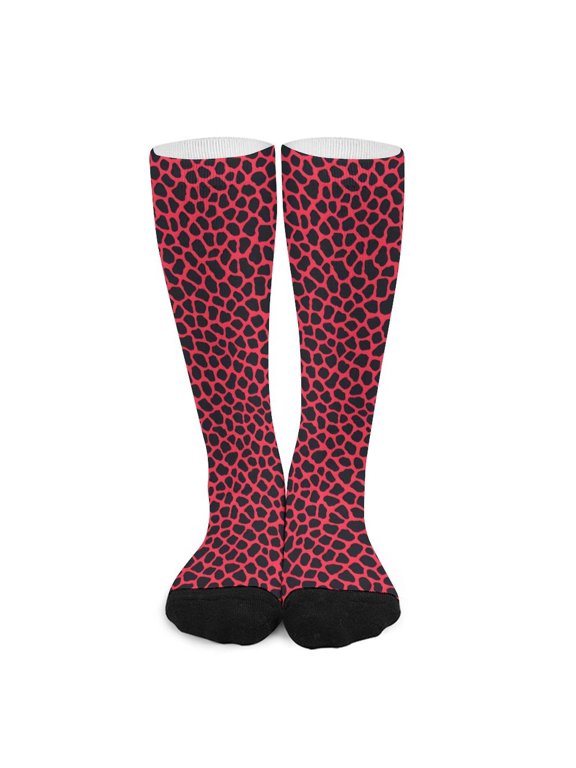 16.5in All Printed Stockings Sweat Absorption Perspiration Permeability Light Resistant Ply Moderate Comfortable Light Leopard Print Pattern Red And Black_3