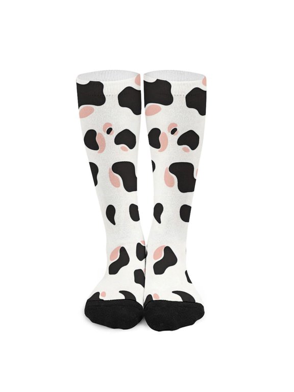 16.5in All Printed Stockings Sweat Absorption Perspiration Permeability Light Resistant Ply Moderate Comfortable Light Simple Cow Print Pattern White Background, Pink And White_2