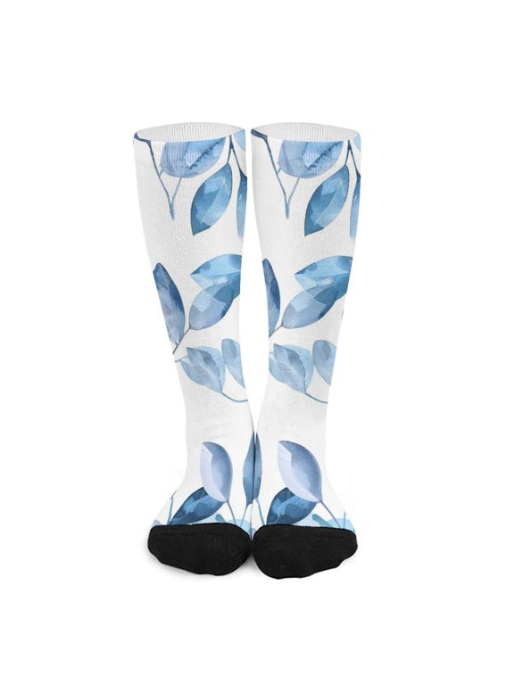 16.5in All Printed Stockings Sweat Absorption Perspiration Permeability Light Resistant Ply Moderate Comfortable Light Watercolor Light Blue Leaves (1)