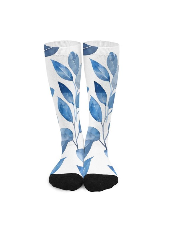 16.5in All Printed Stockings Sweat Absorption Perspiration Permeability Light Resistant Ply Moderate Comfortable Light Watercolor Light Blue Leaves (2)