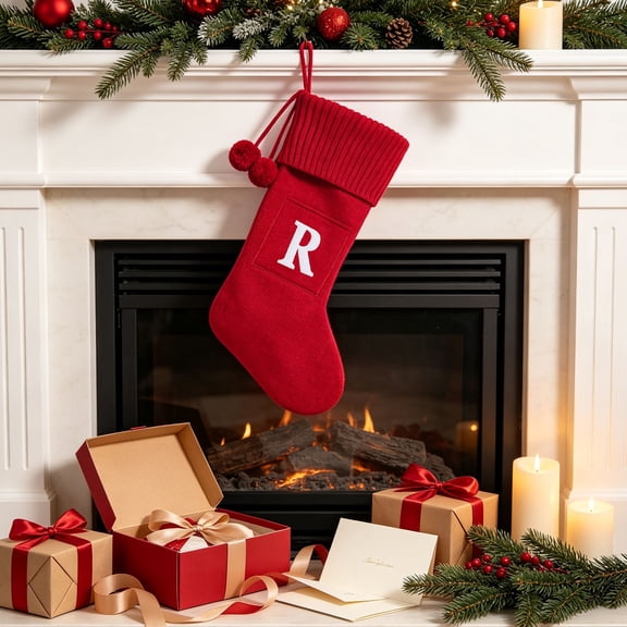16.5in Red Initial Christmas Stocking, Letter R Personalized Knit Stocking with Pom Pom Tassels, Hanging Decor for Fireplace Mantel, 1 Pc