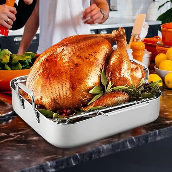 16.5inch Roasting Pan with U-Shape Rack - Stainless Steel Large Turkey Roaster Pan for Turkey, Chicken, Ham Roaster with V-Shaped Baking Rack Heavy Duty Dishwasher Safe, Hold up to 22LB
