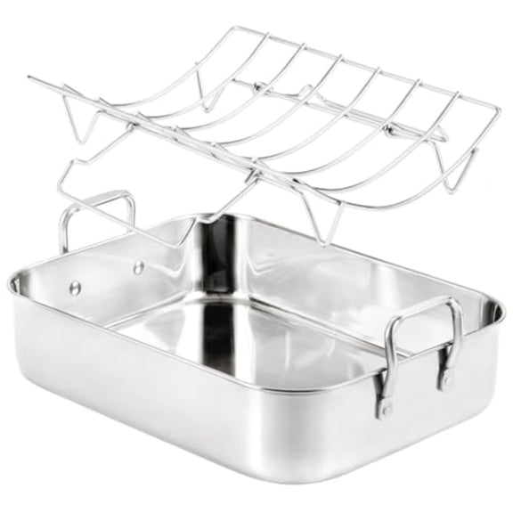 16.5inch Roasting Pan with V-Shape Rack - Stainless Steel Large Turkey Roaster Pan for Turkey Chicken Ham Roaster with V-Shaped Baking Rack Heavy Duty Dishwasher Safe Hold up to 22LB