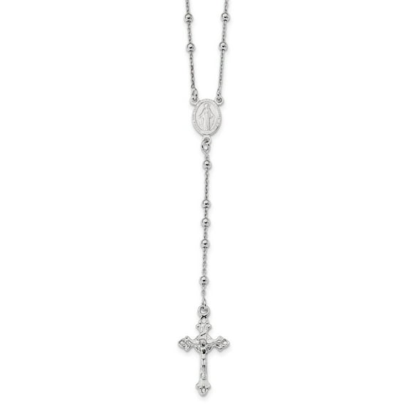 16.5mm Sterling Silver Rhodium Plated Polished Beaded Rosary Necklace - 9.0 Grams - 24 Inch