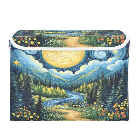 16.5x12.6x11.8in Foldable Flip-Top Storage Bin, Dustproof Magic Tape Closure, Ideal for Home & Toy OrganizationMountains and Waters under The Moonlight