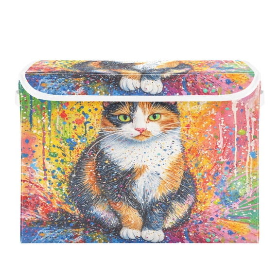 16.5x12.6x11.8in Foldable Flip-Top Storage Bin, Dustproof Magic Tape Closure, Ideal for Home & Toy Organization,A Cute Calico Cat