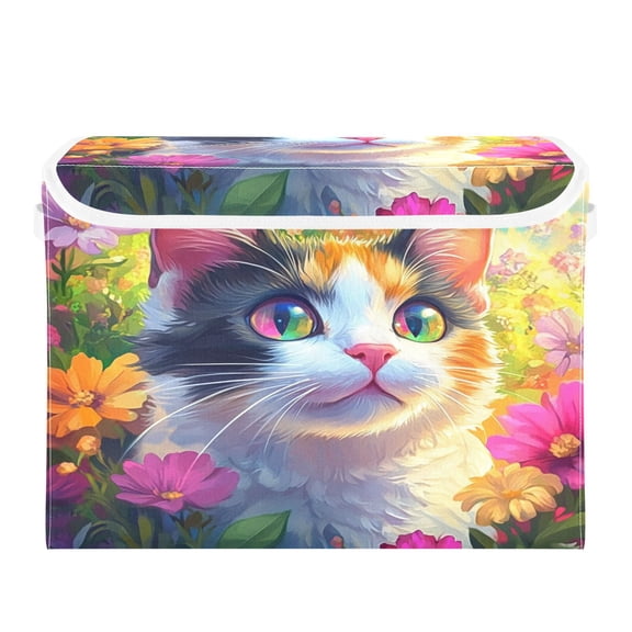 16.5x12.6x11.8in Foldable Flip-Top Storage Bin, Dustproof Magic Tape Closure, Ideal for Home & Toy OrganizationA Cute Calico Cat