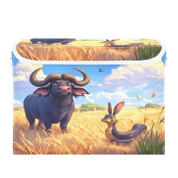 16.5x12.6x11.8in Foldable Flip-Top Storage Bin, Dustproof Magic Tape Closure, Ideal for Home & Toy OrganizationA Water Buffalo and Rabbit