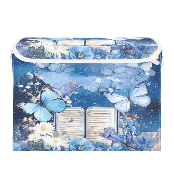 16.5x12.6x11.8in Foldable Flip-Top Storage Bin, Dustproof Magic Tape Closure, Ideal for Home & Toy OrganizationBlue Butterflies and Book