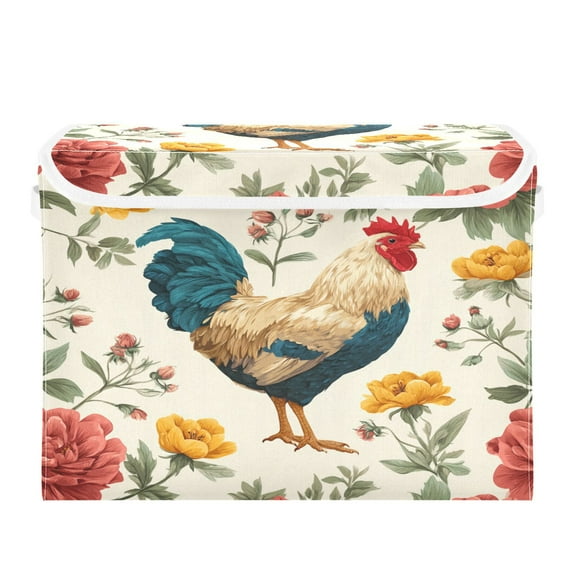 16.5x12.6x11.8in Foldable Flip-Top Storage Bin, Dustproof Magic Tape Closure, Ideal for Home & Toy Organization，Chickens and Flowers