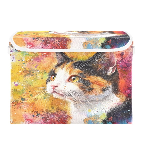 16.5x12.6x11.8in Foldable Flip-Top Storage Bin, Dustproof Magic Tape Closure, Ideal for Home & Toy Organization，Cute Calico Cat