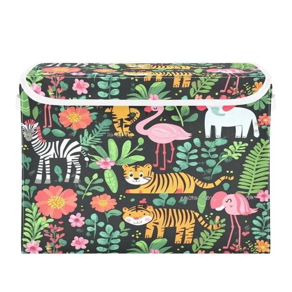 16.5x12.6x11.8in Foldable Flip-Top Storage Bin, Dustproof Magic Tape Closure, Ideal for Home & Toy Organization,Cute Jungle Animals