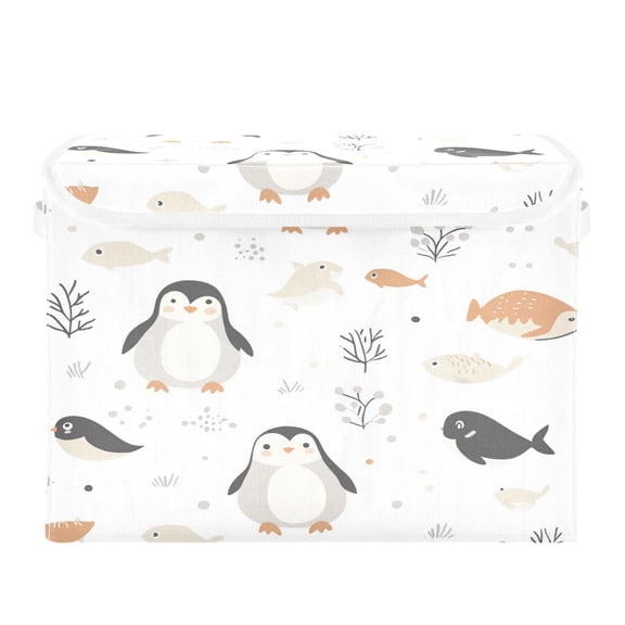 16.5x12.6x11.8in Foldable Flip-Top Storage Bin, Dustproof Magic Tape Closure, Ideal for Home & Toy OrganizationCute Penguins and Fish