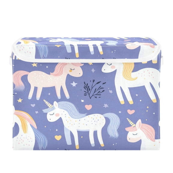 16.5x12.6x11.8in Foldable Flip-Top Storage Bin, Dustproof Magic Tape Closure, Ideal for Home & Toy Organization，Cute Unicorns