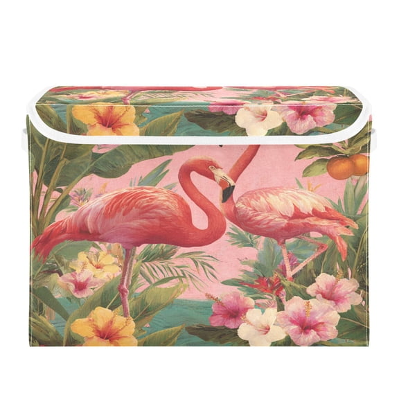 16.5x12.6x11.8in Foldable Flip-Top Storage Bin, Dustproof Magic Tape Closure, Ideal for Home & Toy Organization，Flamingos and Flowers