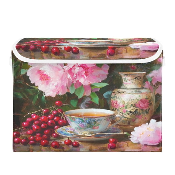 16.5x12.6x11.8in Foldable Flip-Top Storage Bin, Dustproof Magic Tape Closure, Ideal for Home & Toy Organization，Flowers and Cups