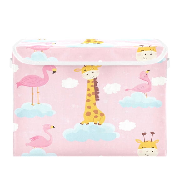 16.5x12.6x11.8in Foldable Flip-Top Storage Bin, Dustproof Magic Tape Closure, Ideal for Home & Toy OrganizationGiraffes and Pink Flamingos