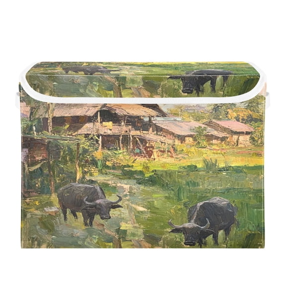 16.5x12.6x11.8in Foldable Flip-Top Storage Bin, Dustproof Magic Tape Closure, Ideal for Home & Toy Organization,Houses and Cows