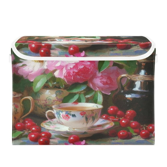 16.5x12.6x11.8in Foldable Flip-Top Storage Bin, Dustproof Magic Tape Closure, Ideal for Home & Toy OrganizationOil Painting Flowers and Cups